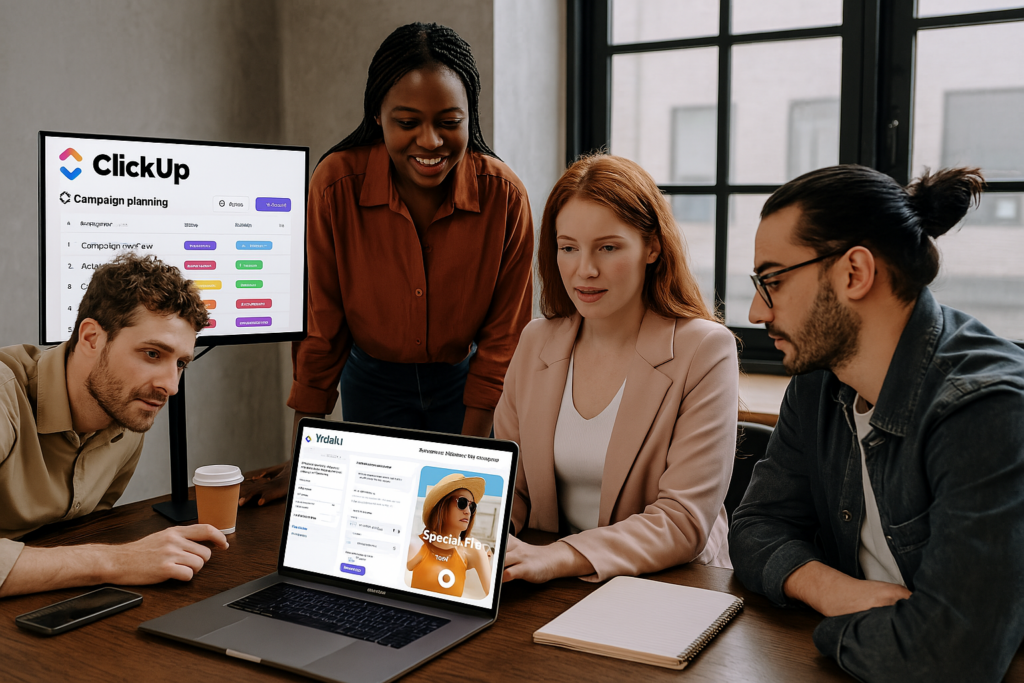 image – VidAU.ai Marketing team collaborating on ClickUp login campaign tasks and AI-powered video ad generation system, demonstrating integrated marketing execution.